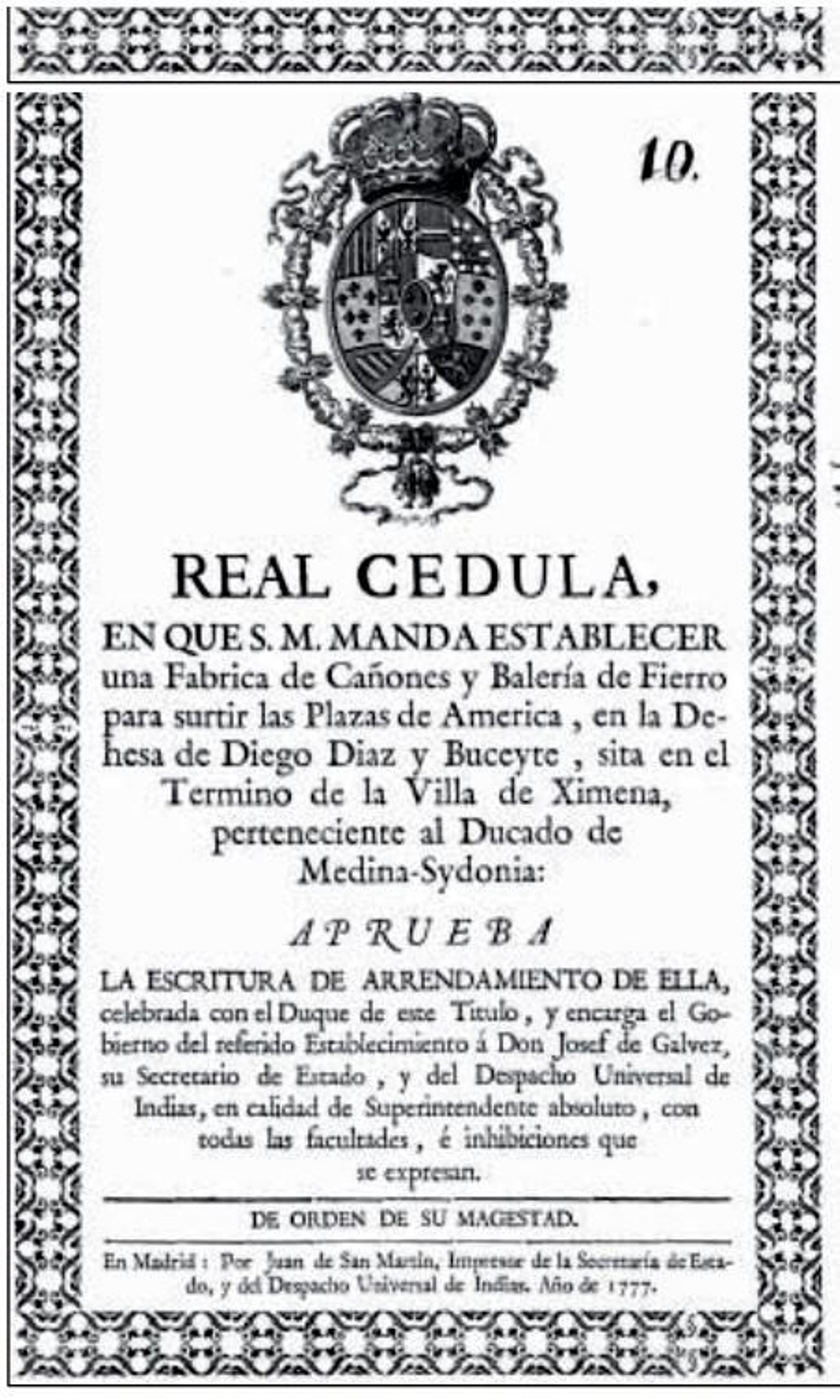 Real Cédula de Carlos III ordenando la construcción de la primera Fábrica de cañones y munición