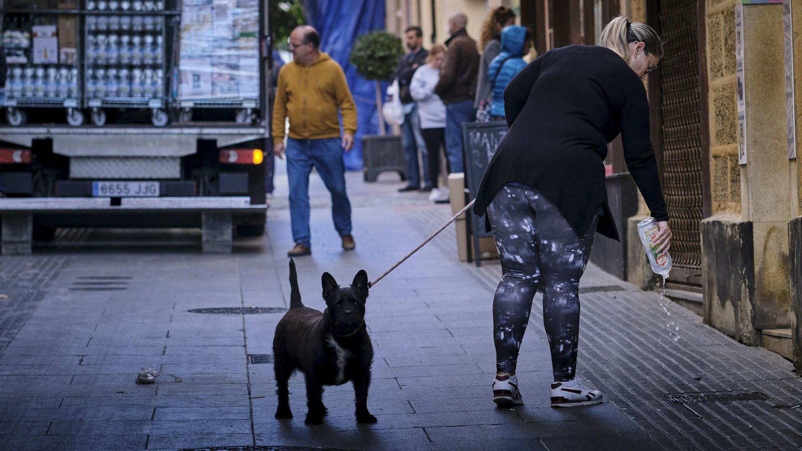 Una mujer saca a pasear a su perro por la calle San Francisco