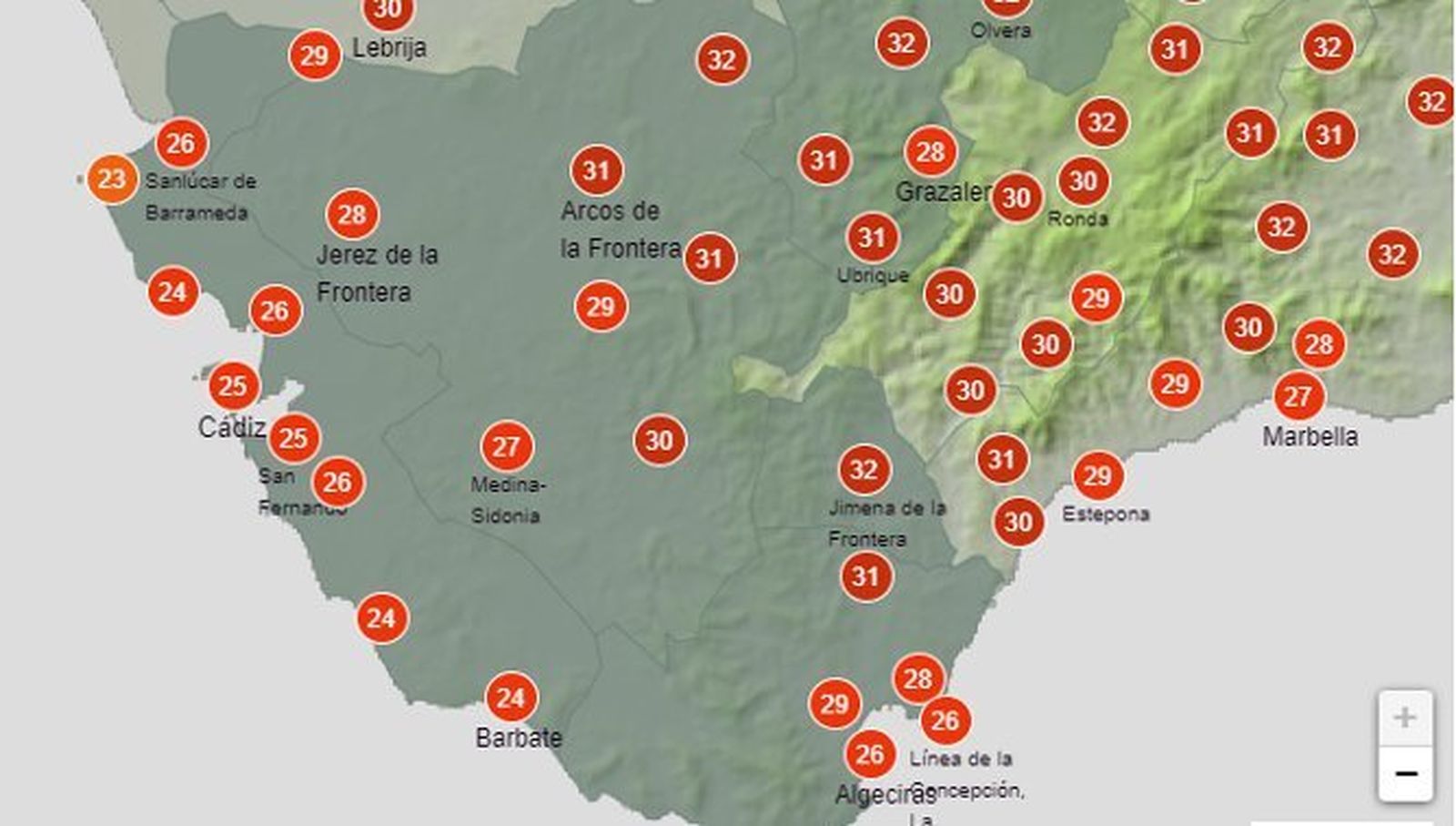Temperaturas máximas para este jueves, notablemente más bajas que las del martes.