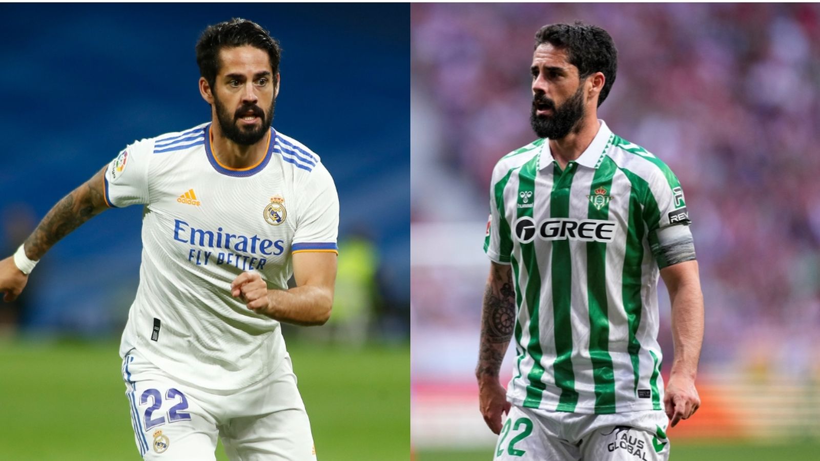Isco, por un lado con la camiseta del Madrid y por otro con la del Beis