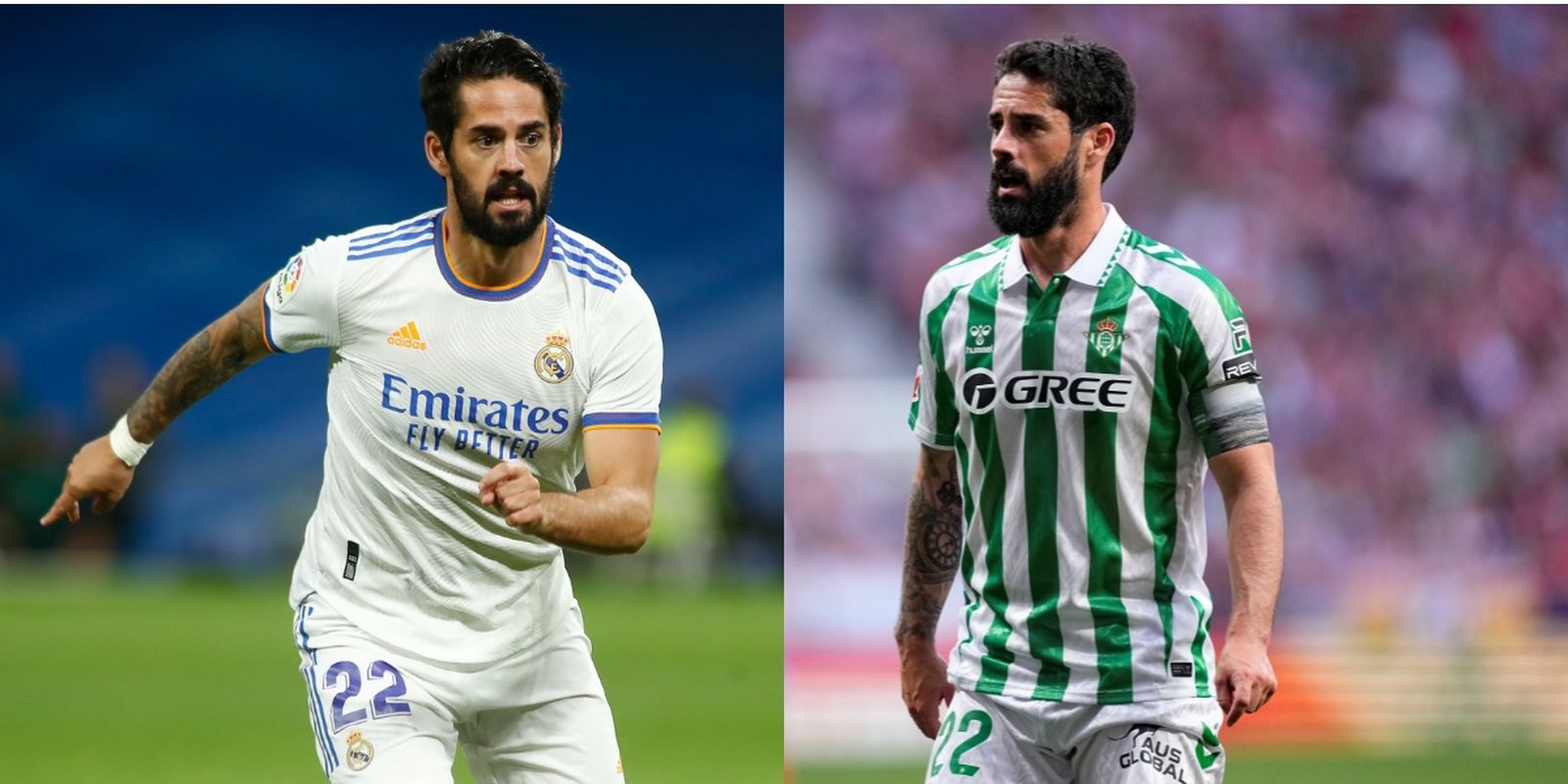 Isco, por un lado con la camiseta del Madrid y por otro con la del Beis