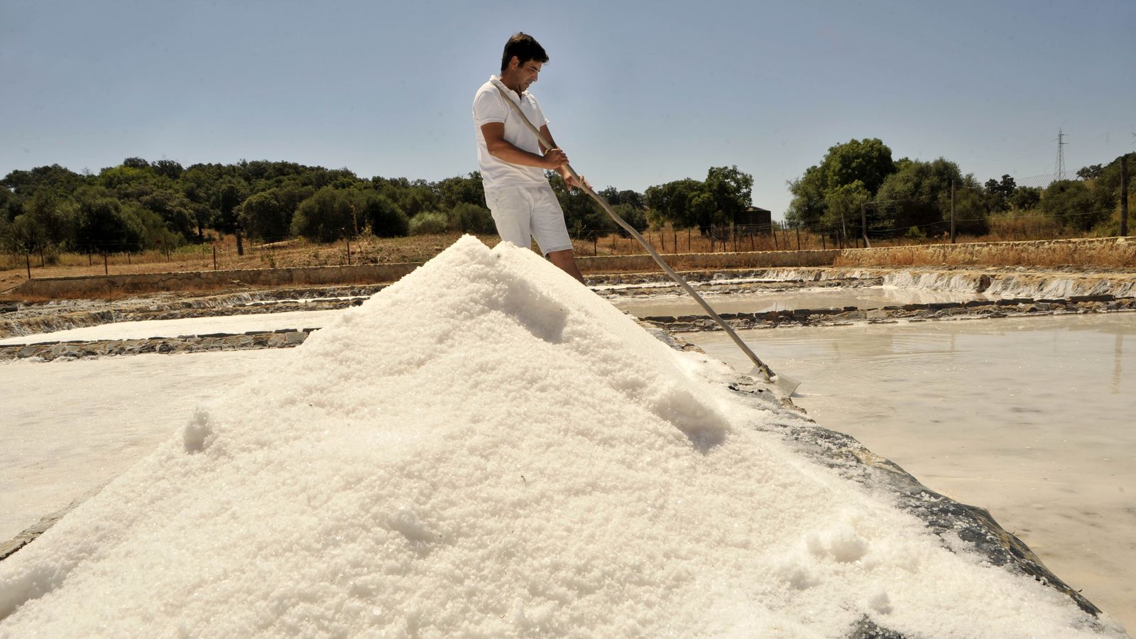 José Antonio García Bazán recoge sal virgen con el rastrillo en las salinas de Iptuci