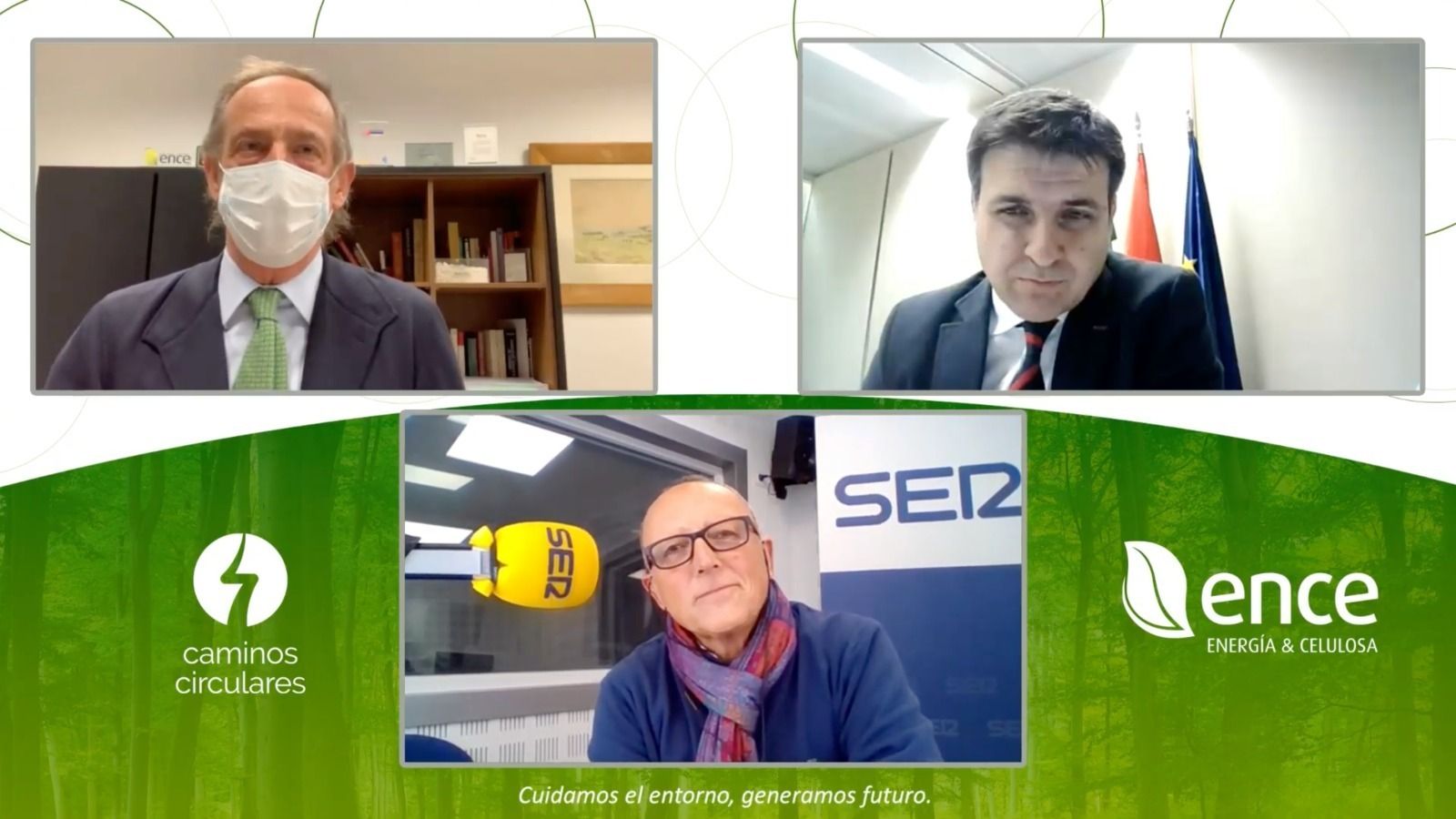 Ignacio Colmenares, presidente de Ence;  Cristóbal Sánchez, secretario general de Energía de la Junta de Andalucía en su intervención junto la cadena Ser.