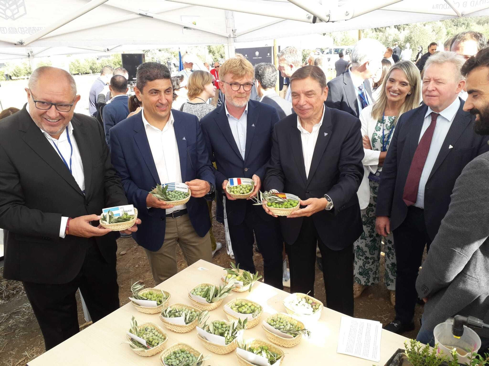 Los ministros sujetan distintas variedades de aceituna.