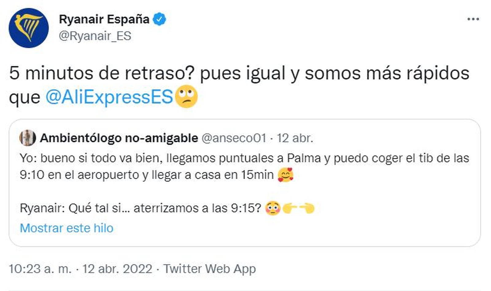 Captura del inicio del rifirrafe entre Ryanair y AliExpress