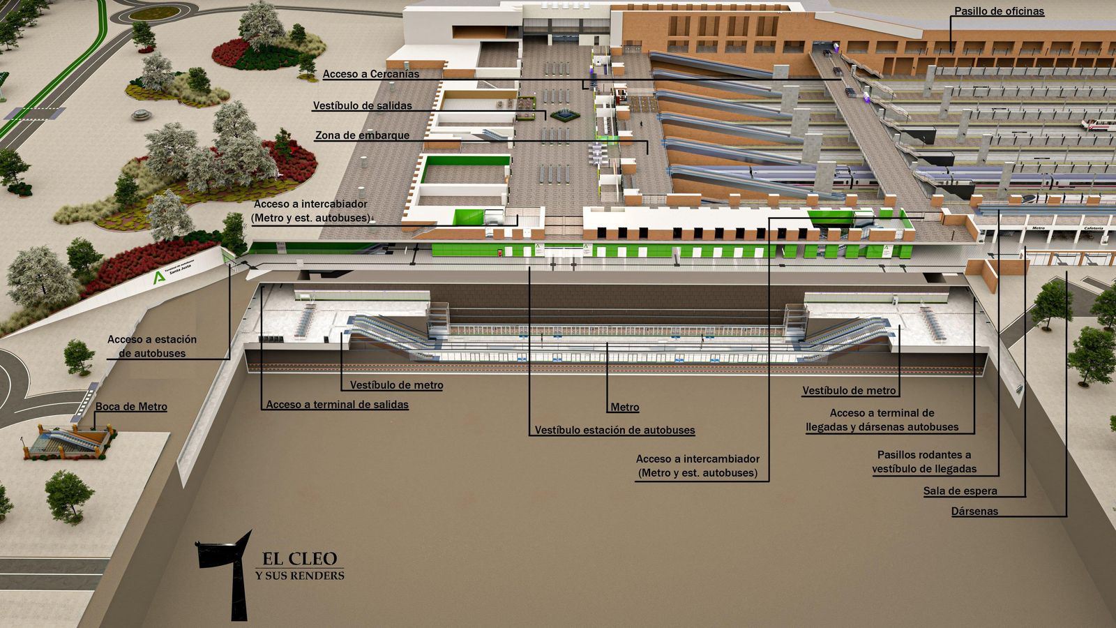 Mapa en 3D con la infraestructura propuesta completa y la nueva distribución de la terminal de Salidas