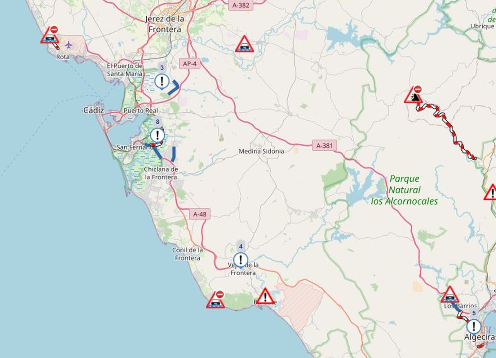 Mapa del estado del Tráfico de la DGT, con cortes en carreteras de la provincia de Cádiz.