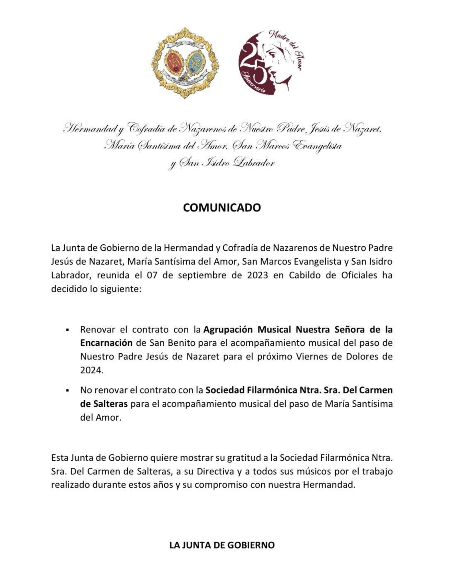 Comunicado informando de la no renovación del contrato con el Carmen