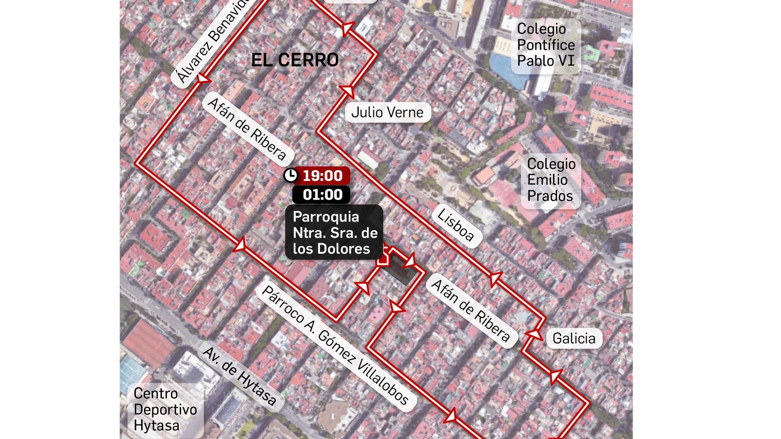 Recorrido de la procesión de Nuestra Señora de los Dolores (horario de la cruz de guía).