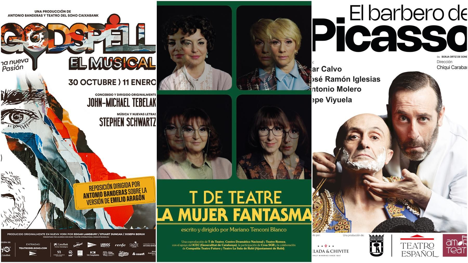 Los carteles de las tres obras activas en octubre en el Teatro del Soho.