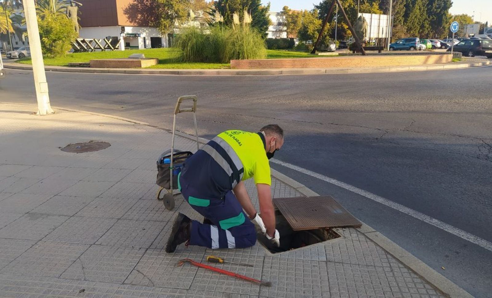 Operario municipal realizando labores preventivas de control de plagas