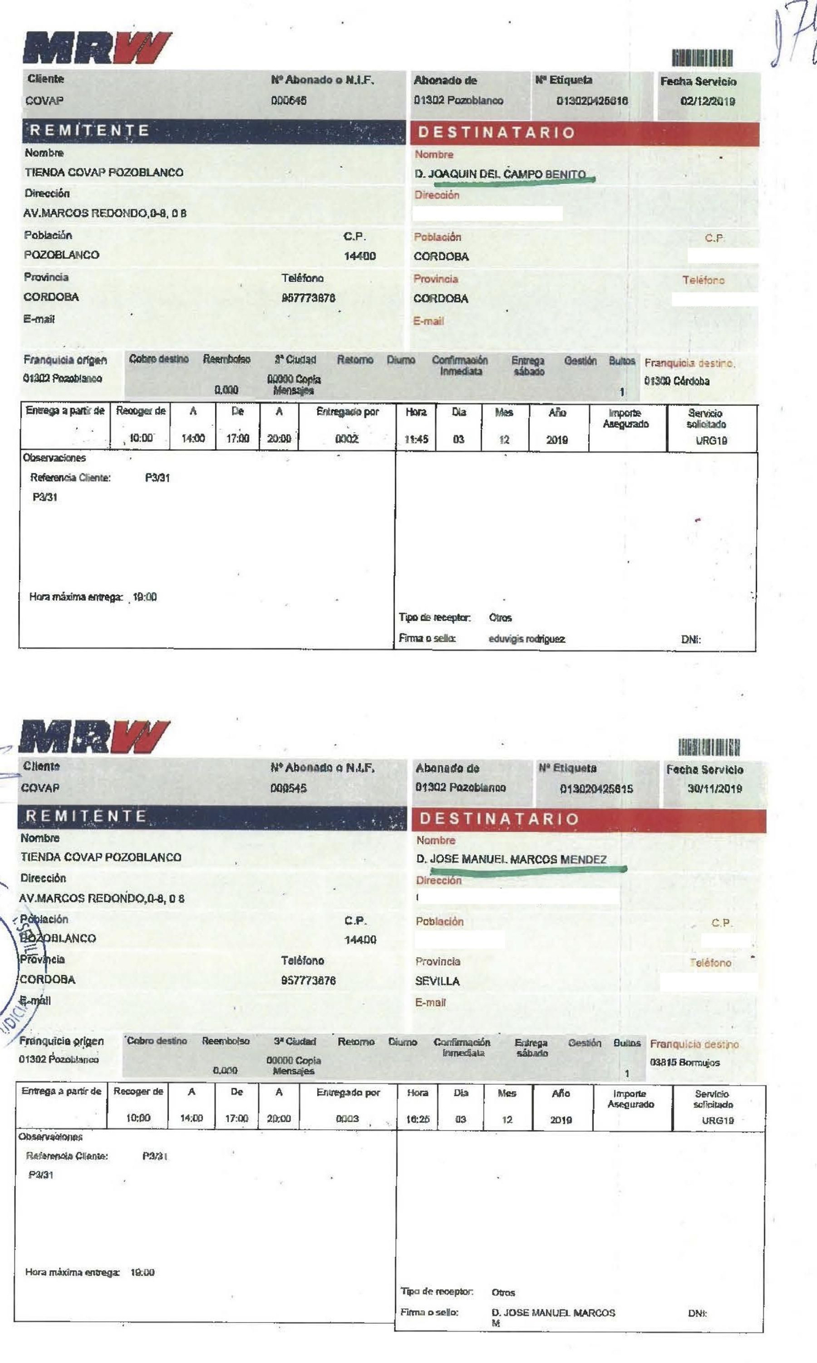 El resguardo del envío de los jamones por mensajero.