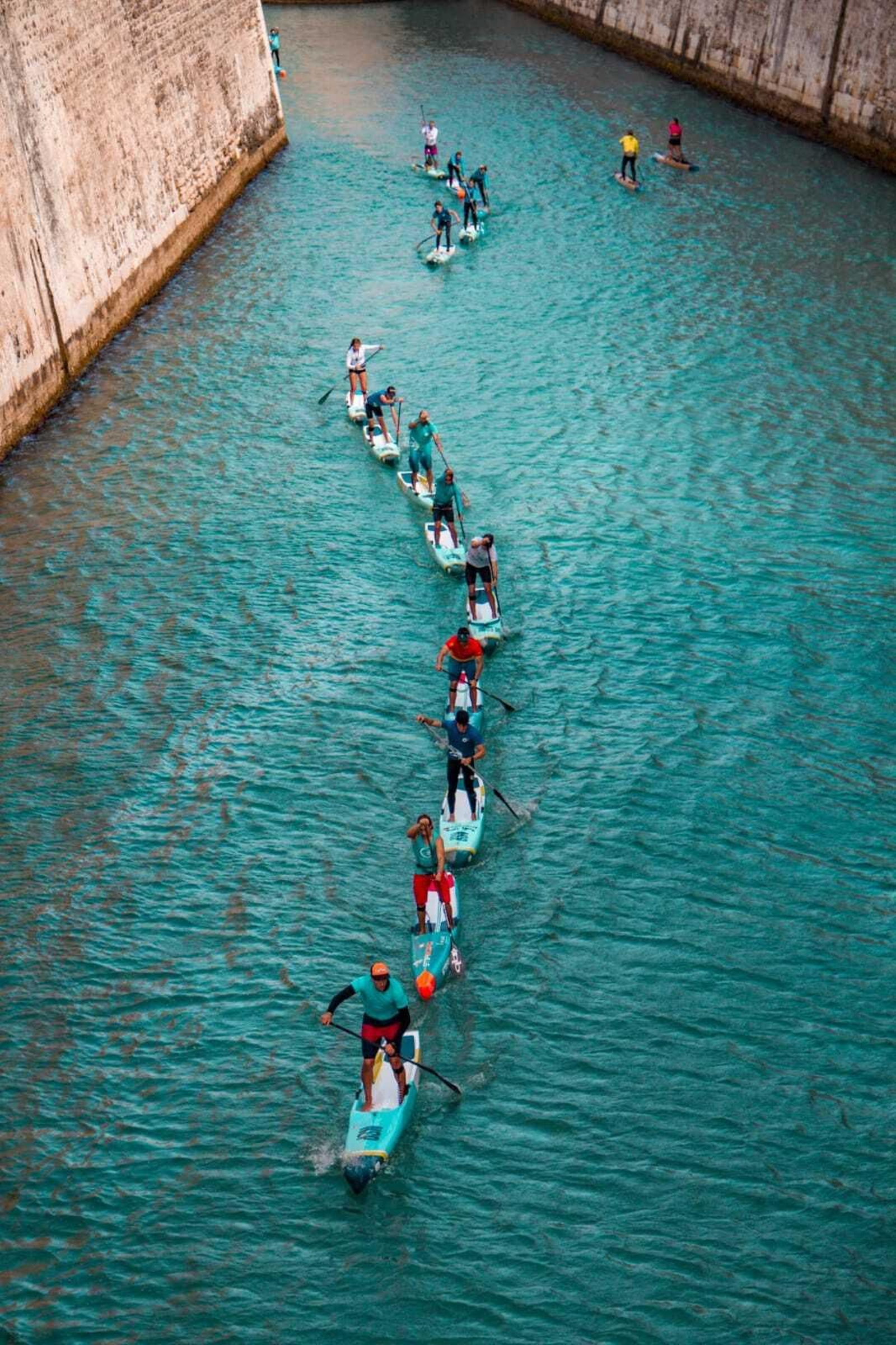 Personas reman sobre su tablas de paddel surf.