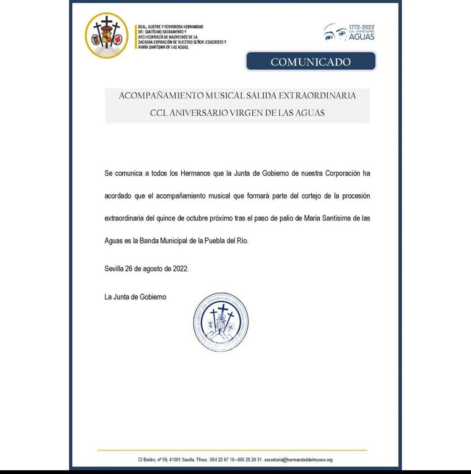 Comunicado emitido por la Hermandad del Museo