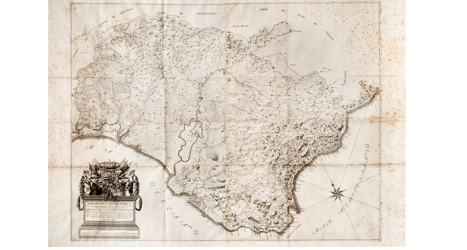 Mapa del Reino de Sevilla, 1748. Uno de los mapas más importantes impresos de Andalucía del siglo XVIII. Estampa compuesta a base de cuatro hojas de grandes dimensiones cuya presencia es además relativamente escasa en archivos y colecciones.  Su trazado se basa en la obra manuscrita conocida como Mapa de los Jesuitas elaborada entre 1739 y 1743.