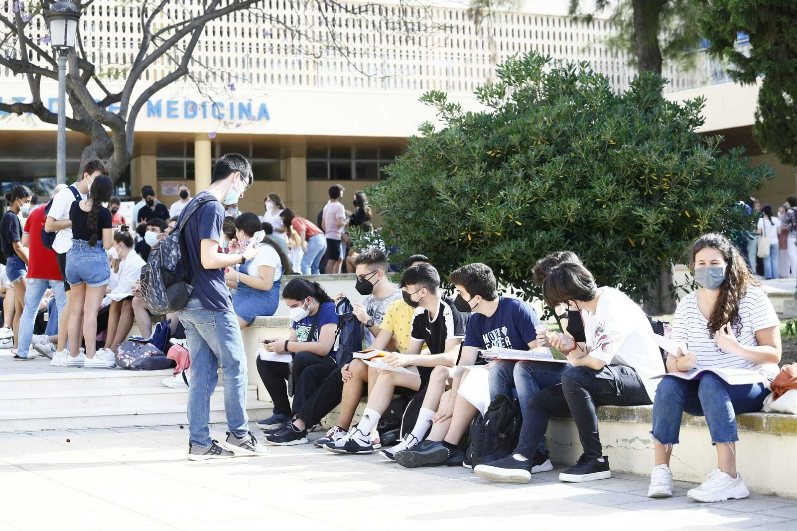 Alumnos repasando durante un descanso entre exámenes.