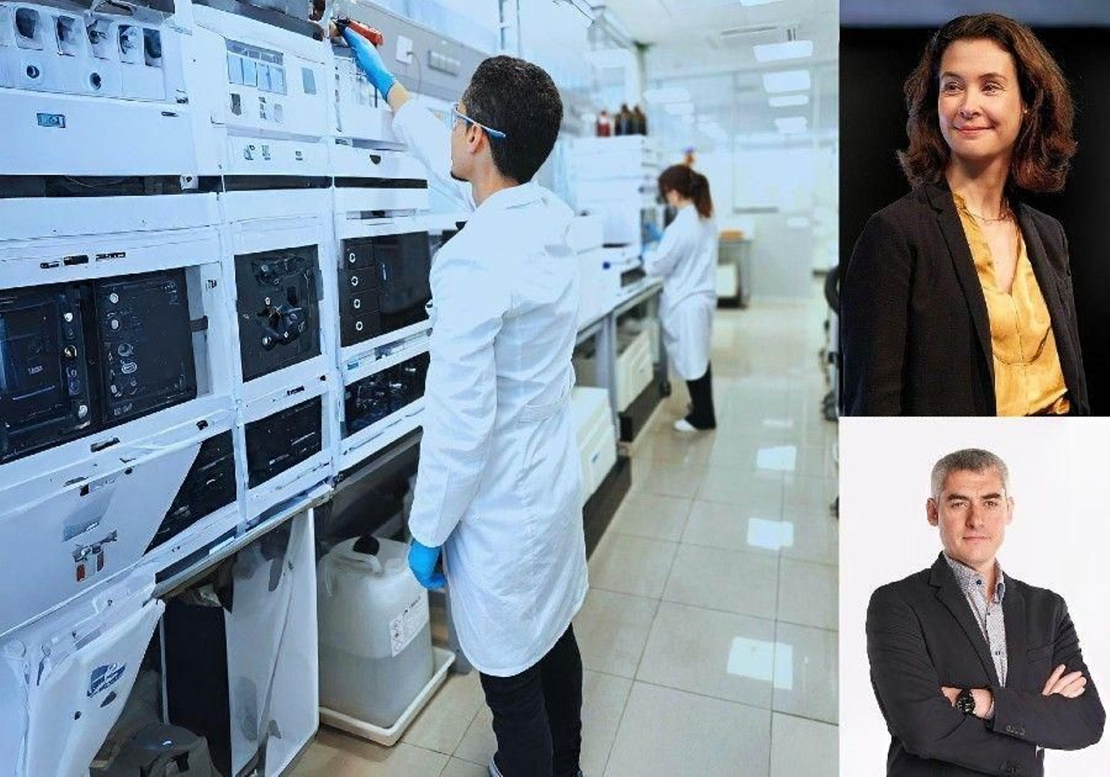 A la izquierda, laboratorios de Veolia en España, a la derecha, Estelle Brachlianoff y Daniel Tugues.