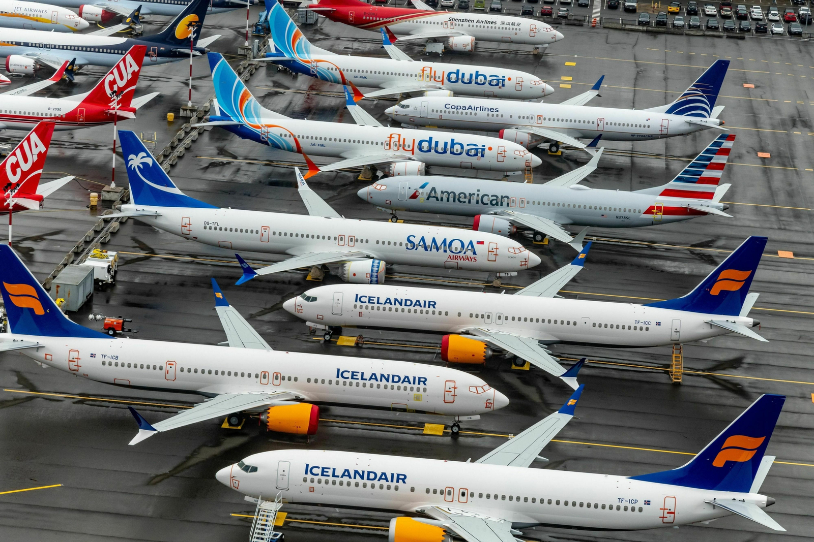 Numerosos 737 MAX de Boeing estacionados en Seattle por la prohibición que les impide volar.