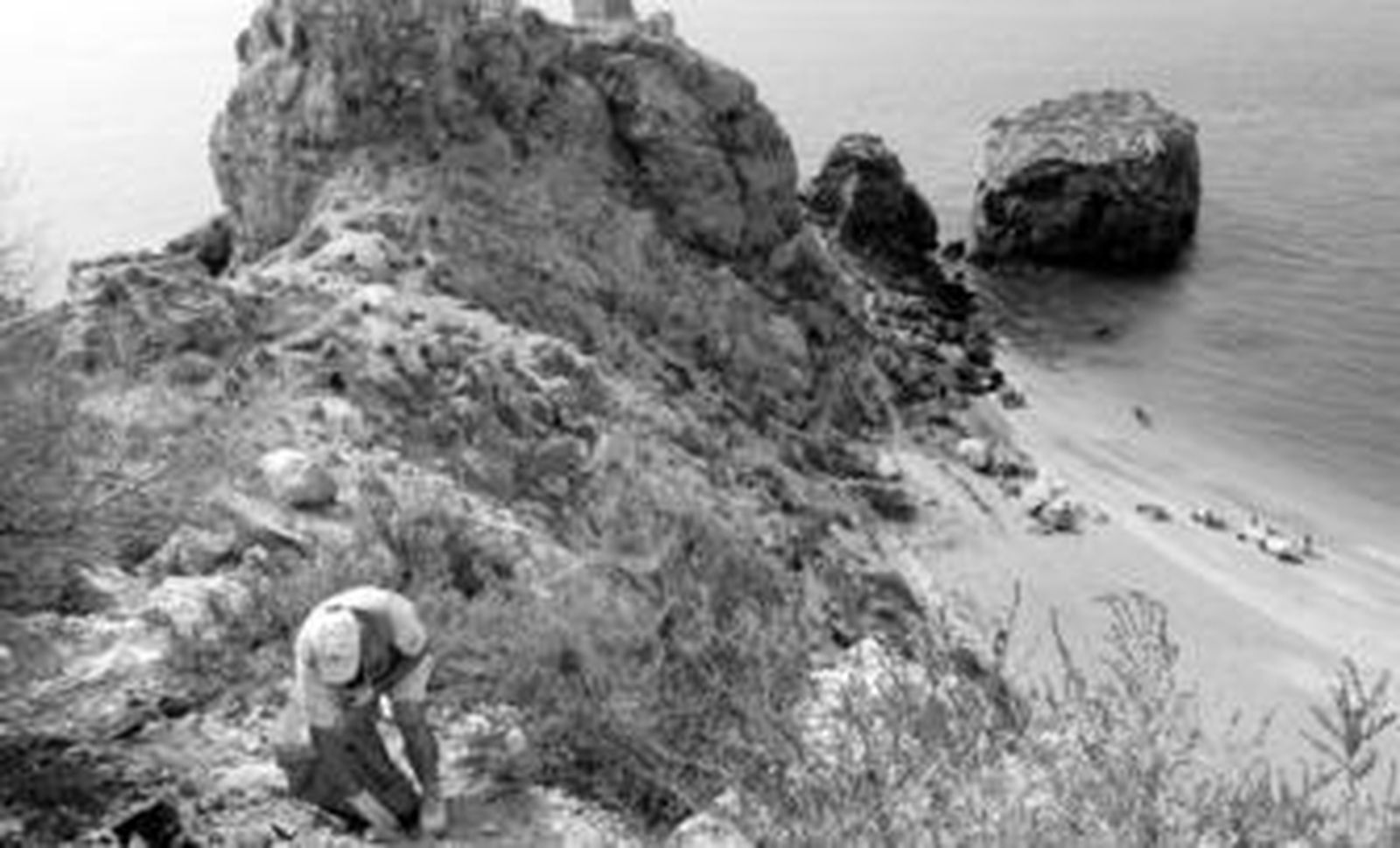 Un voluntario, con guantes y una bolsa, va recogiendo basura en el acantilado que protege la playa.
