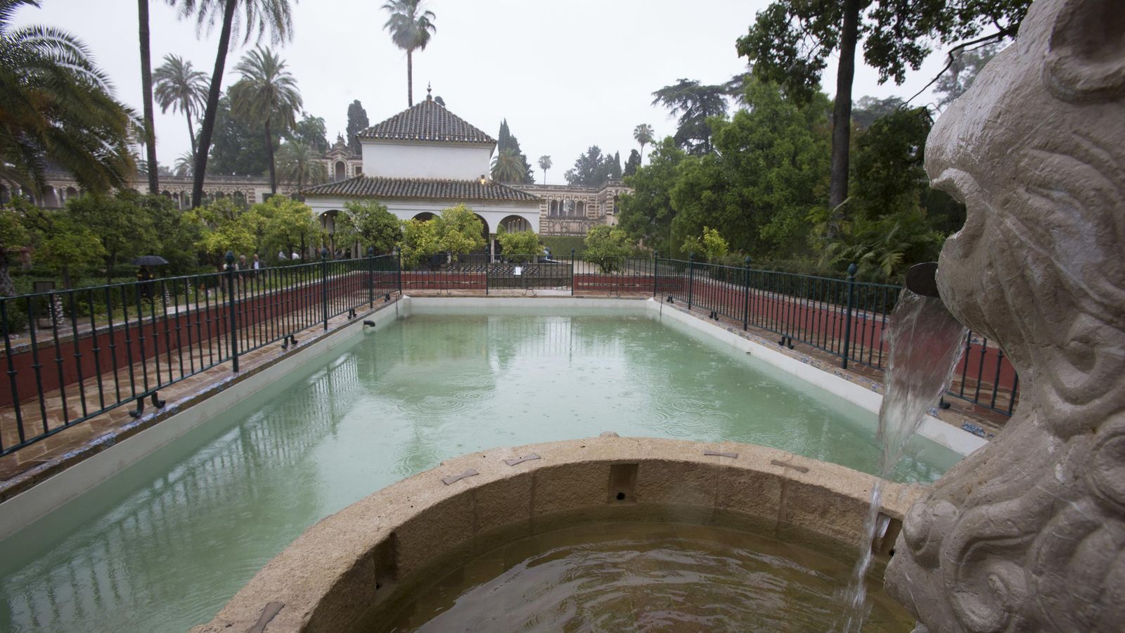 Vista de la alberca con el León que le da nombre