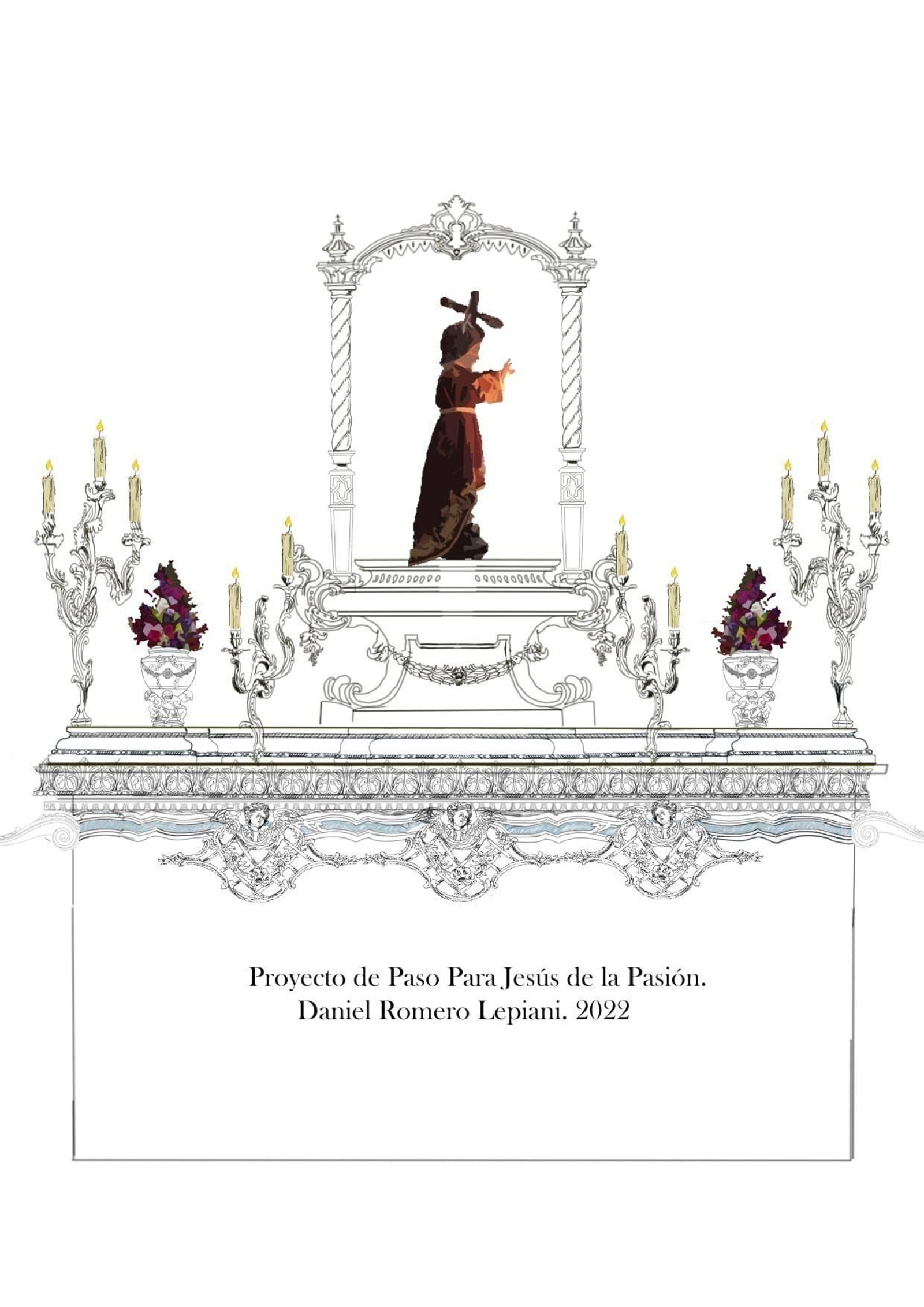 Boceto (en vista lateral) del paso del Niño Jesús de la Pasión de Humildad y Paciencia.