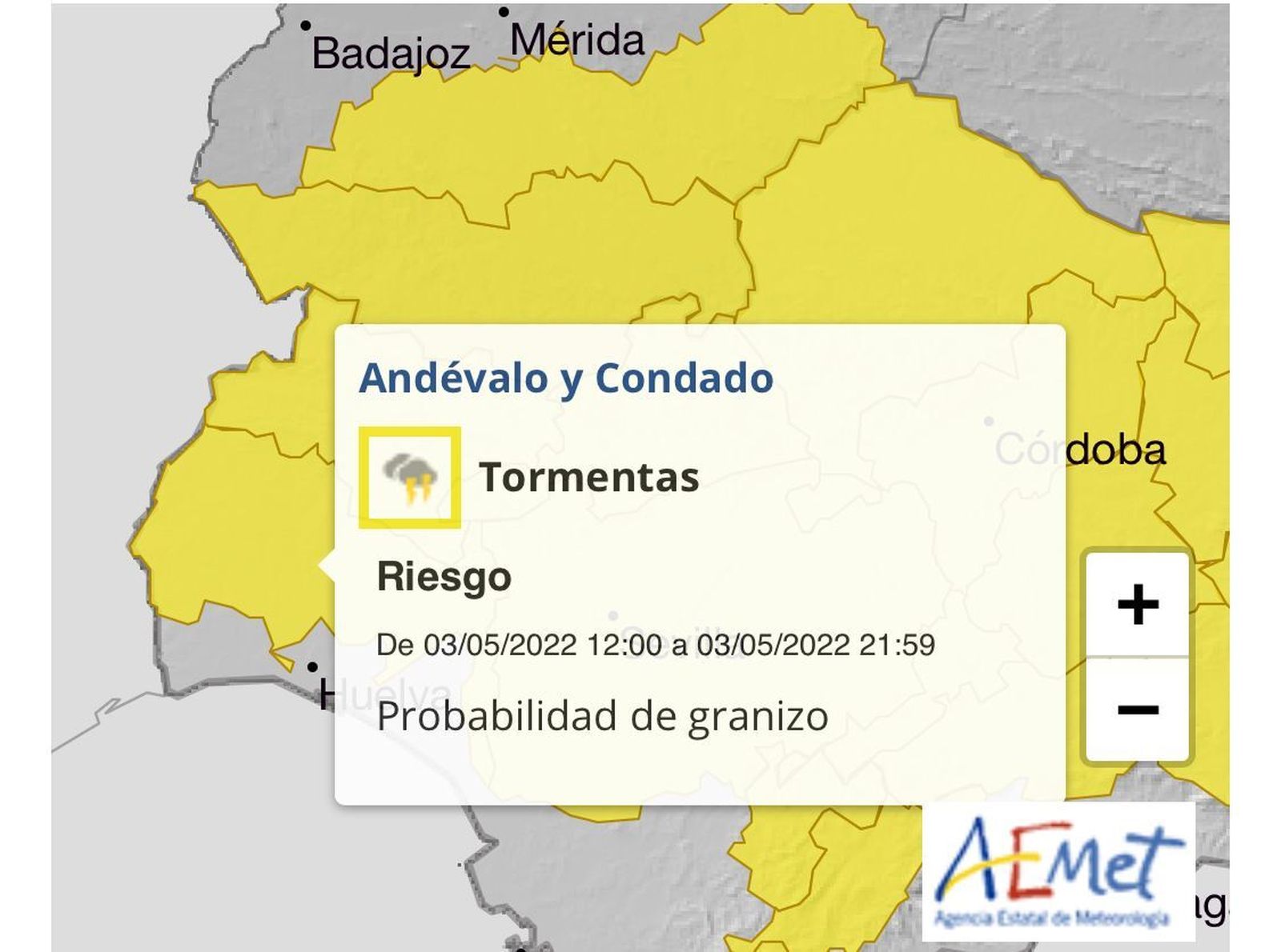 Aviso amarillo en el Condado, el Andévalo y la Sierra.