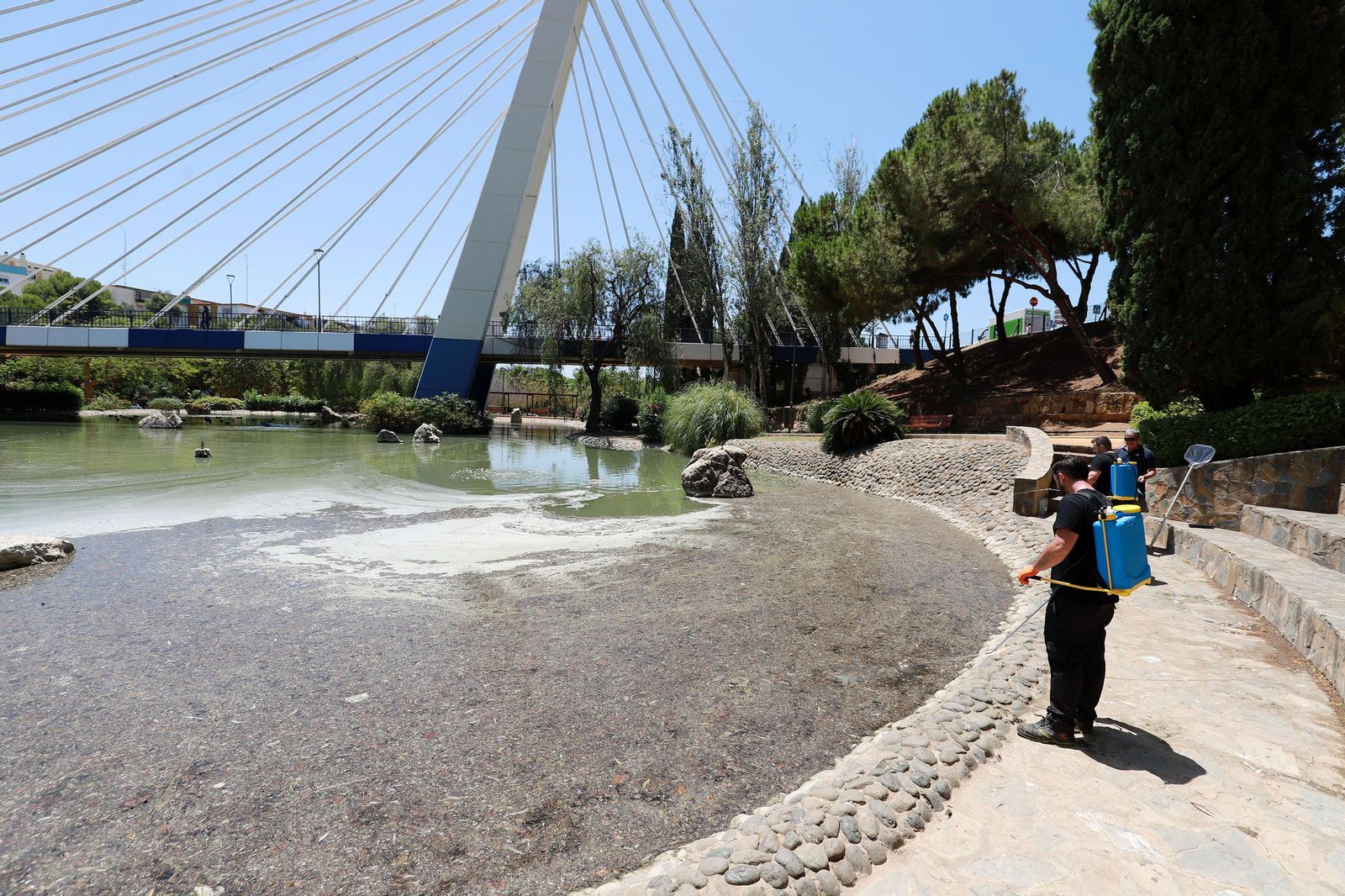 Operarios trabajando en la recuperación de uno de los lagos.