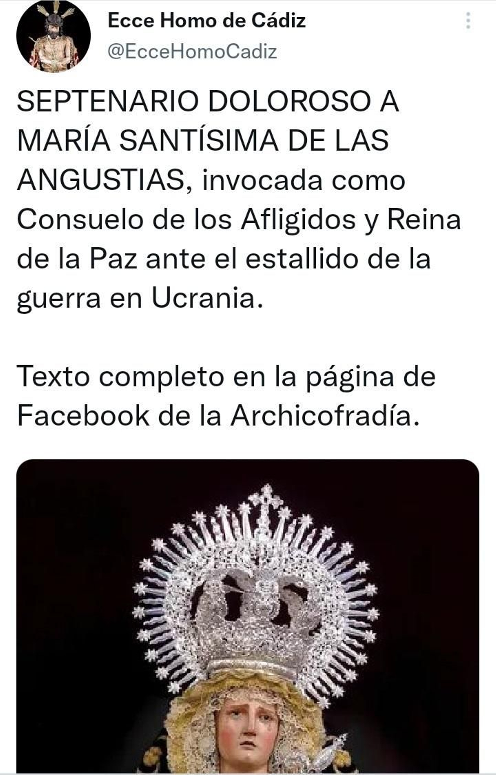 Convocatoria de un septenario doloroso a la Virgen de las Angustias, de Ecce-Homo.