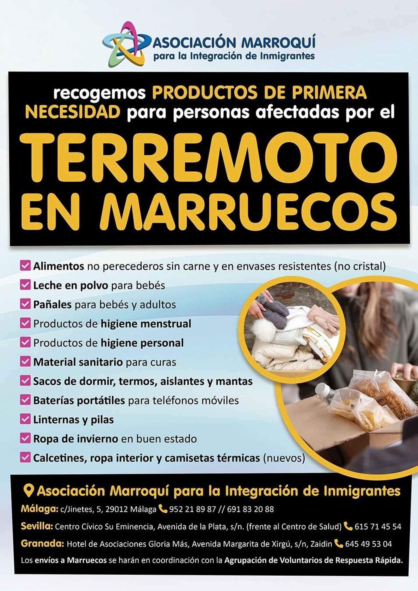 Cartel de la Asociación Marroquí sobre lo que recogen y sus sedes.