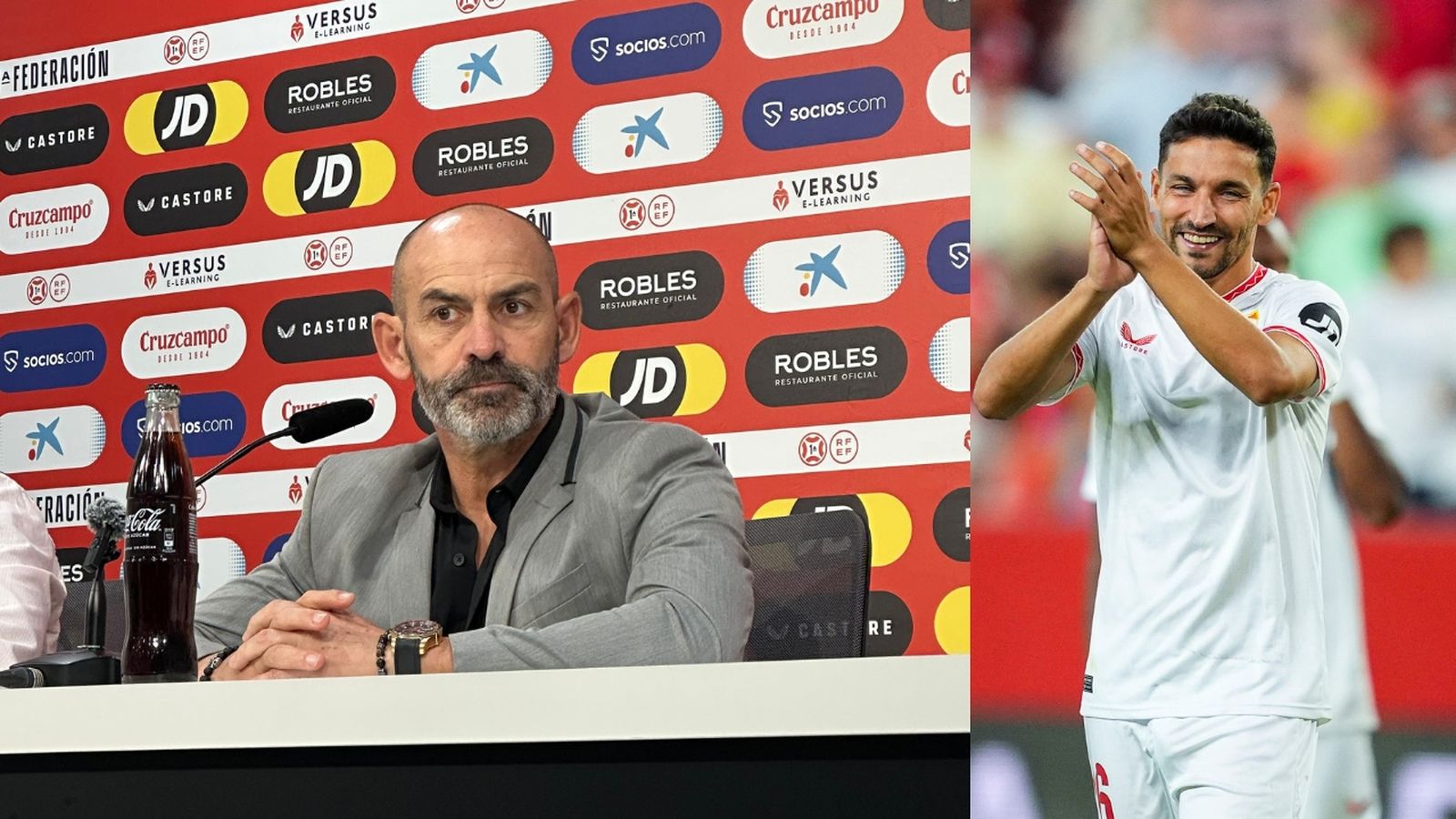 Paco Jémez, durante la rueda de prensa post partido del Sevilla Atlético - Ibiza; Jesús Navas saluda a su afición tras la victoria ante el Getafe.