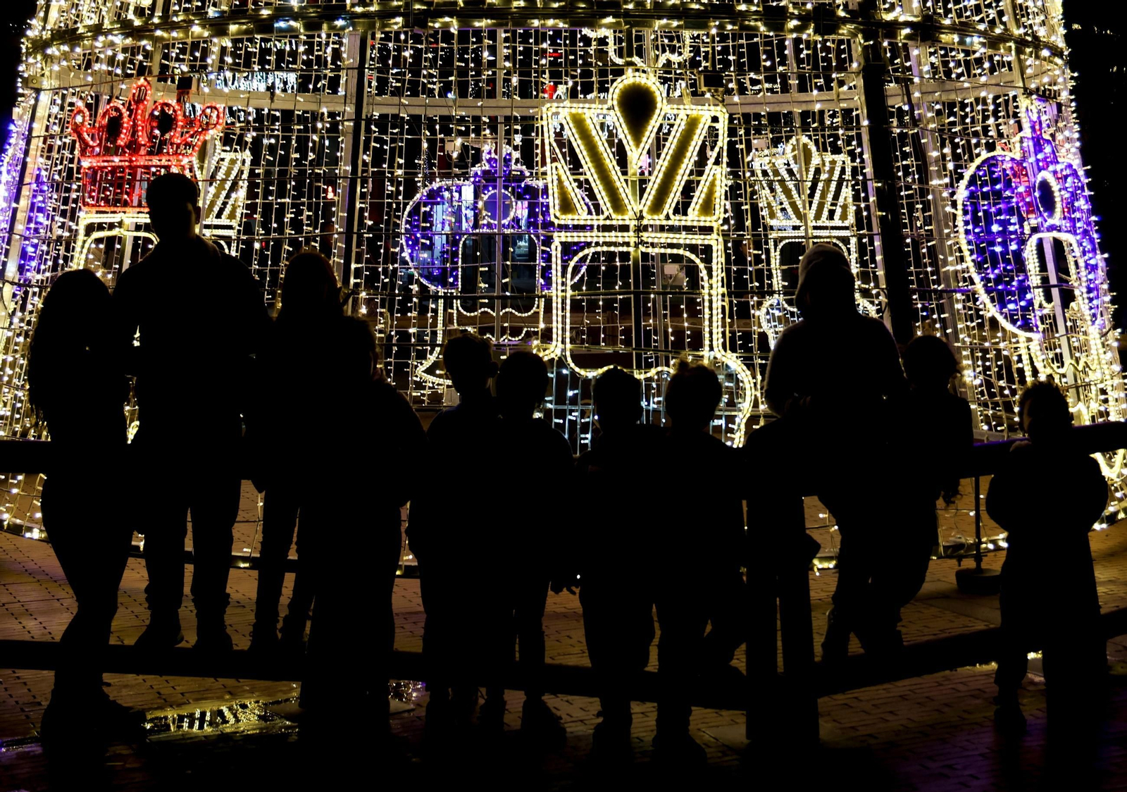 Un grupo de personas frente al árbol de Navidad de la plaza de la Constitución.