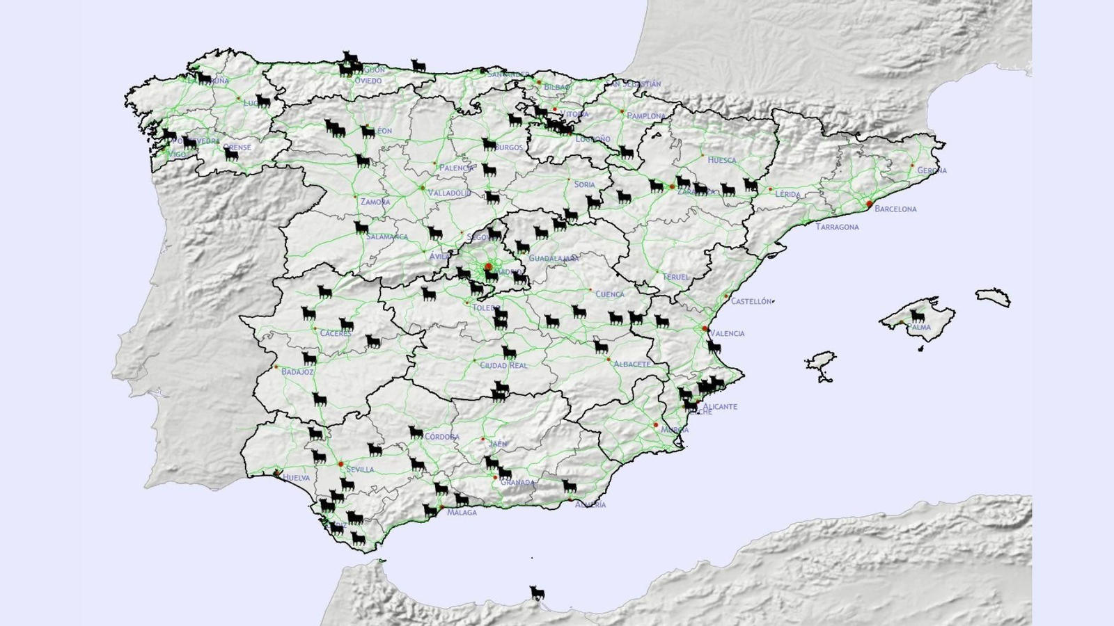 Mapa de España con la situación de los toros Osborne.