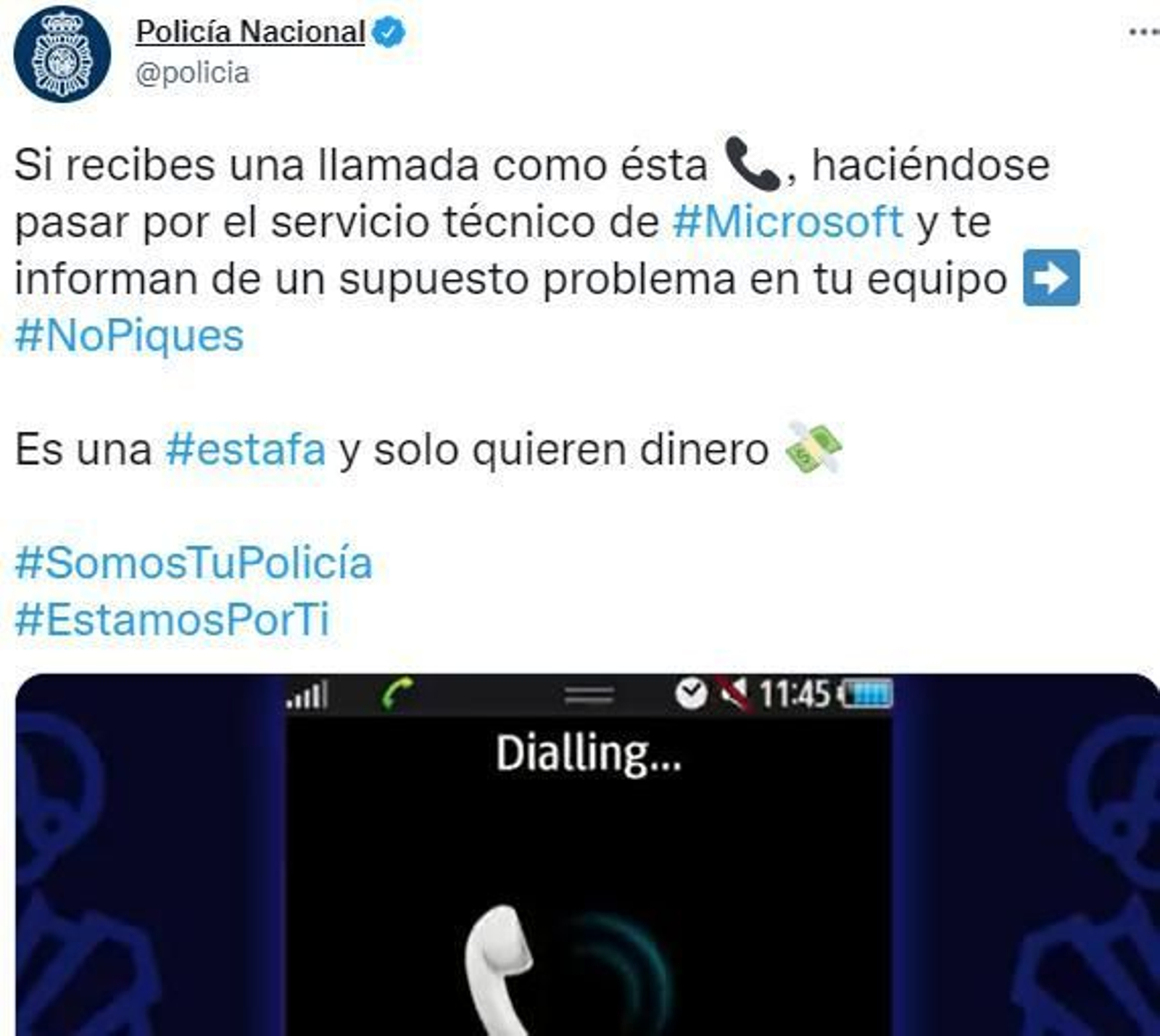 Tweet de alerta de la Policía Nacional