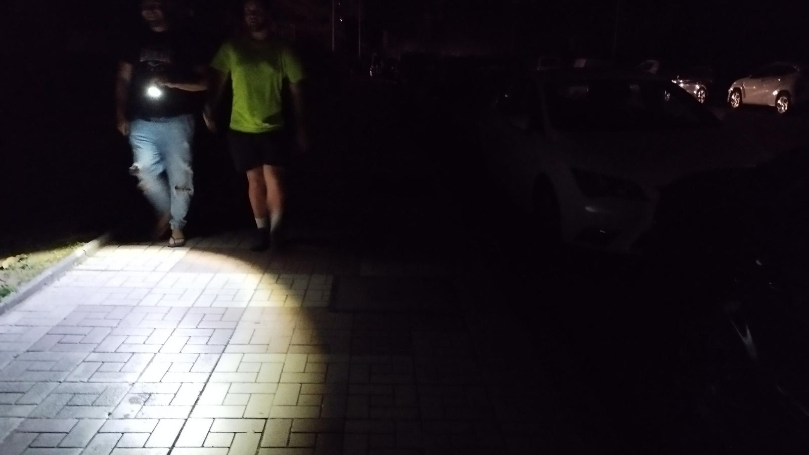 Dos personas se alumbran con una linterna para pasear por la calle Frigiliana, el lunes por la noche.