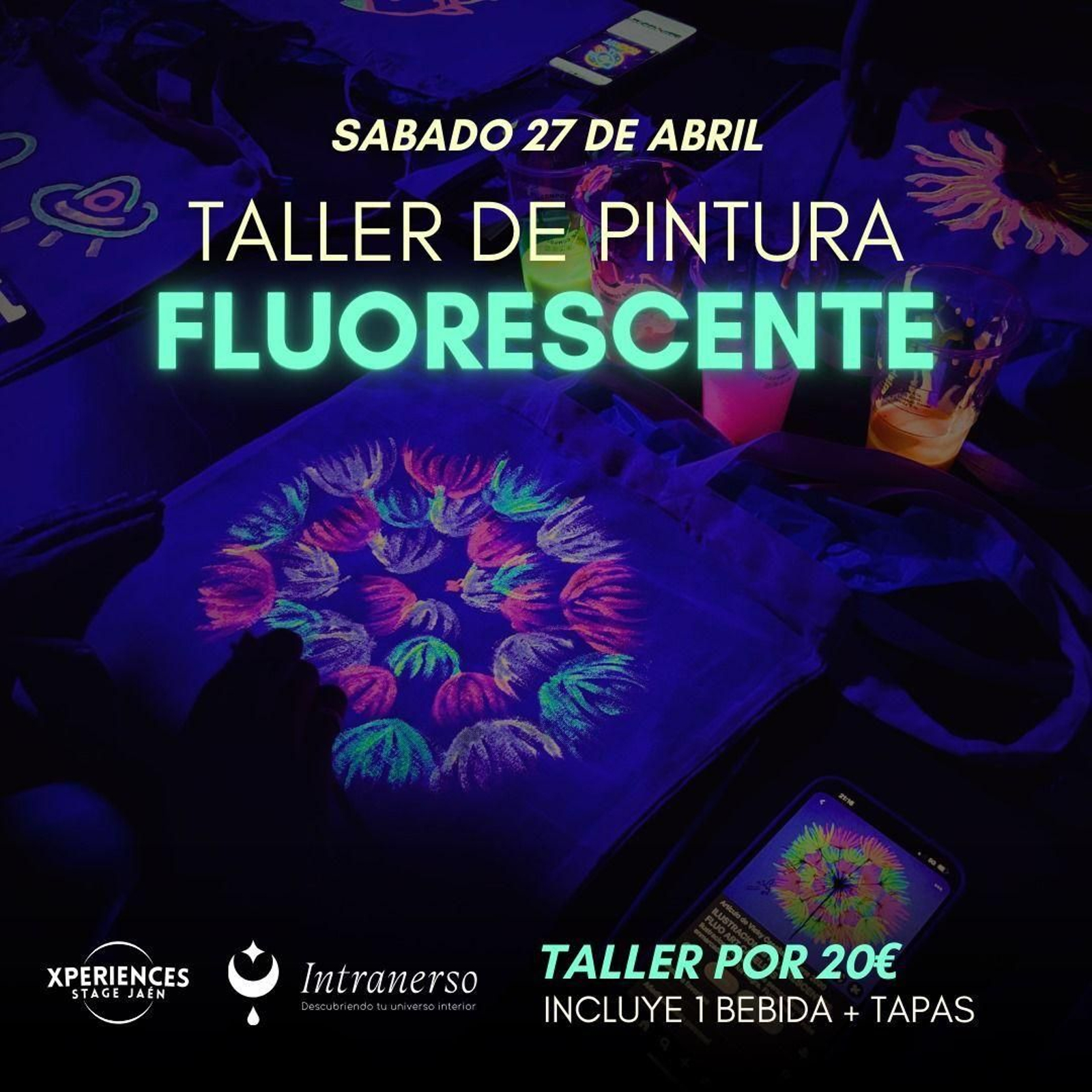 El taller de pintura fluorescente incluye una bebida y tapas.