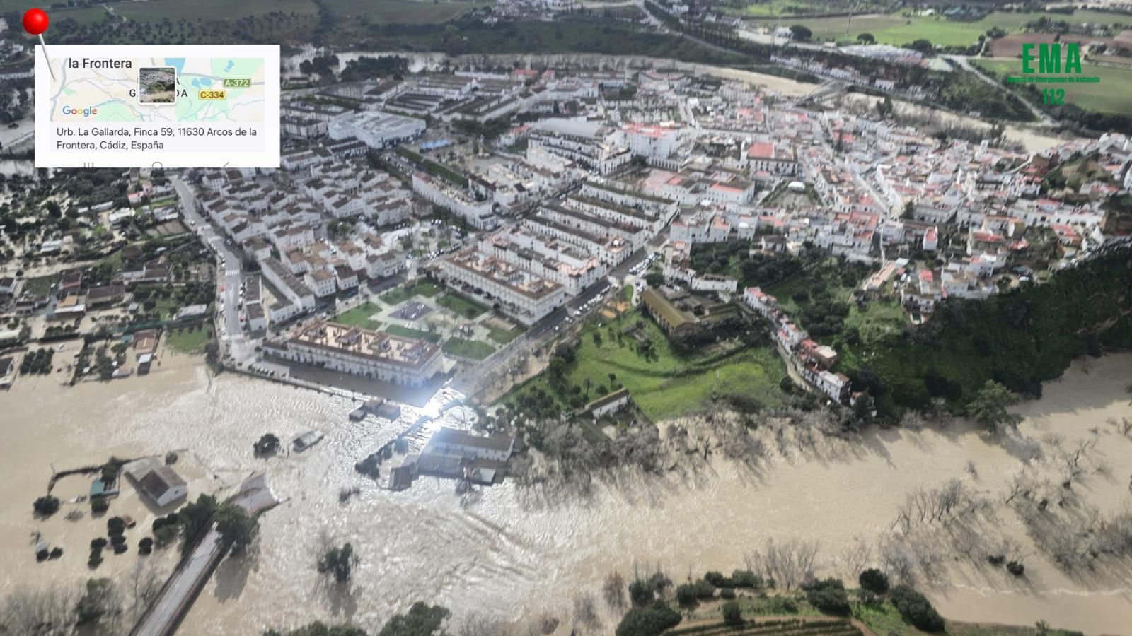 Así se ve desde el aire el desbordamiento del río Guadalete en Jerez, El Puerto, Arcos y la Sierra