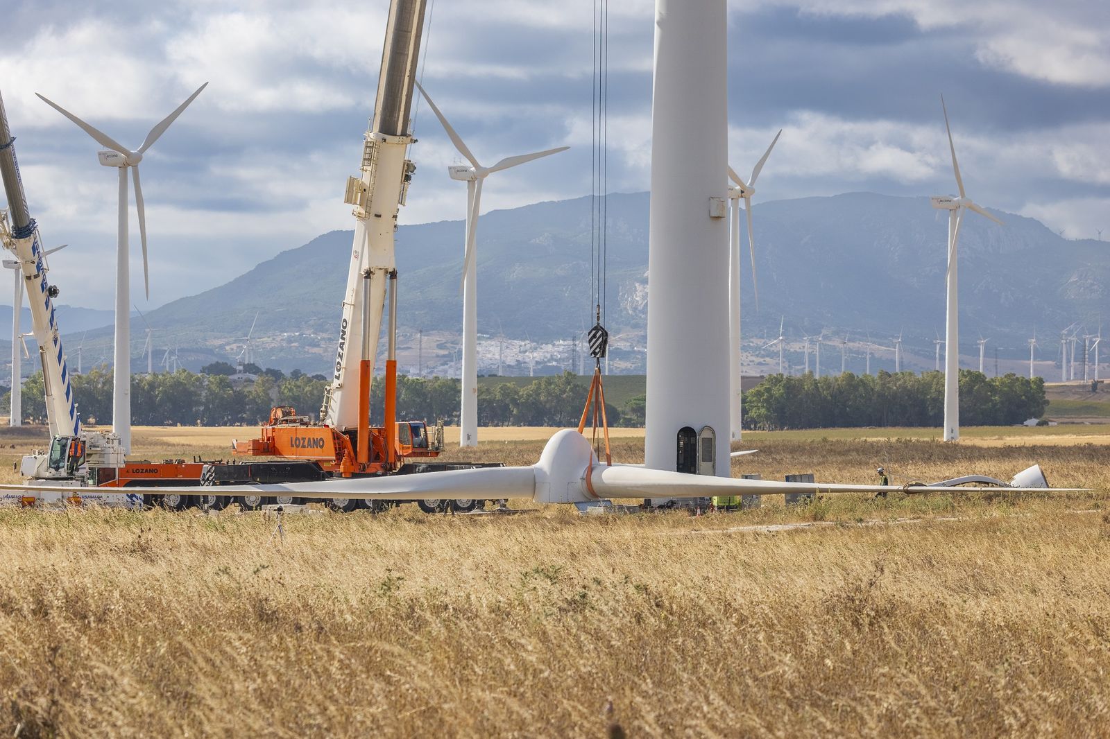 Desmontaje de las palas de los aerogeneradores que Acciona Energía ha sustituido en la planta de Tarifa para su repotenciación
