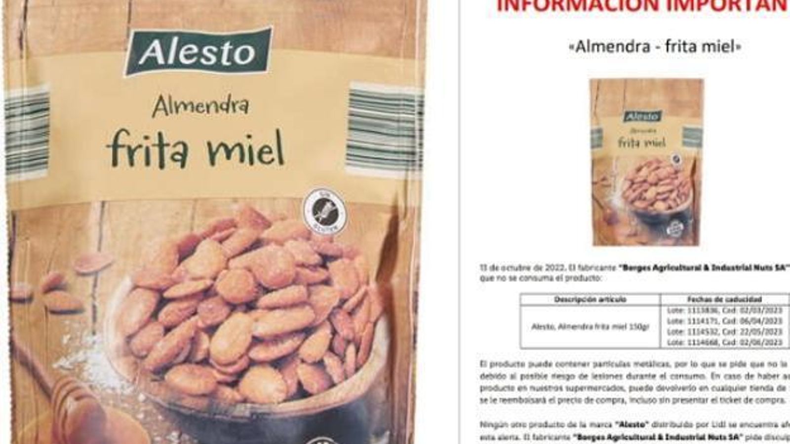 Lidl detecta trozos metales en cuatro lotes de almendra frita con miel Alesto