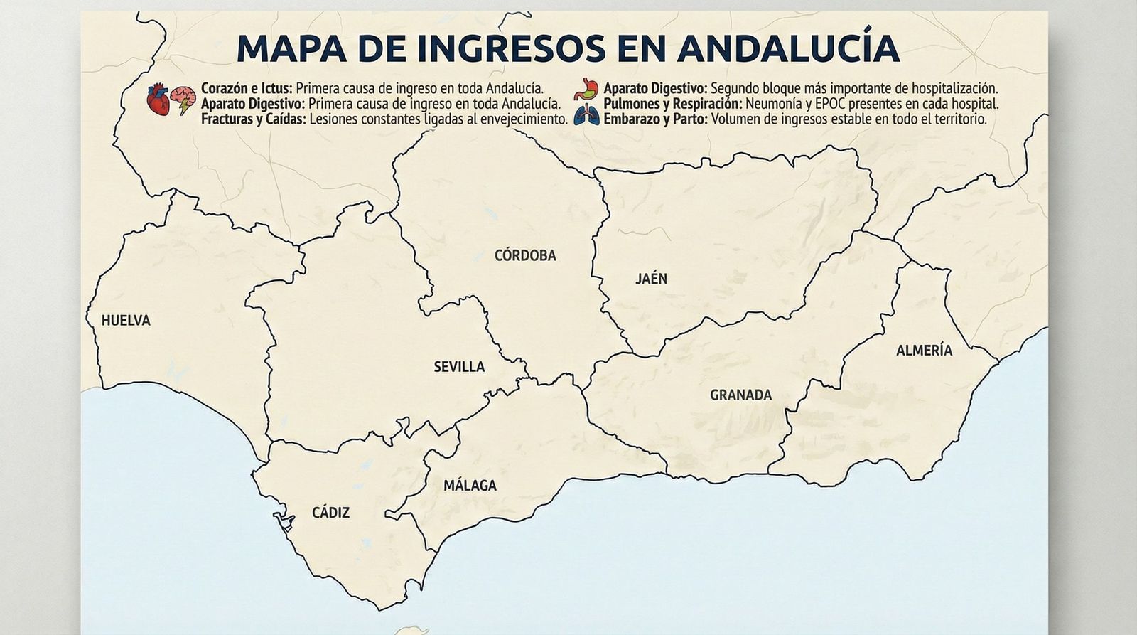 Mapa de Andalucía con la distribución provincial de las principales causas de ingreso hospitalario: