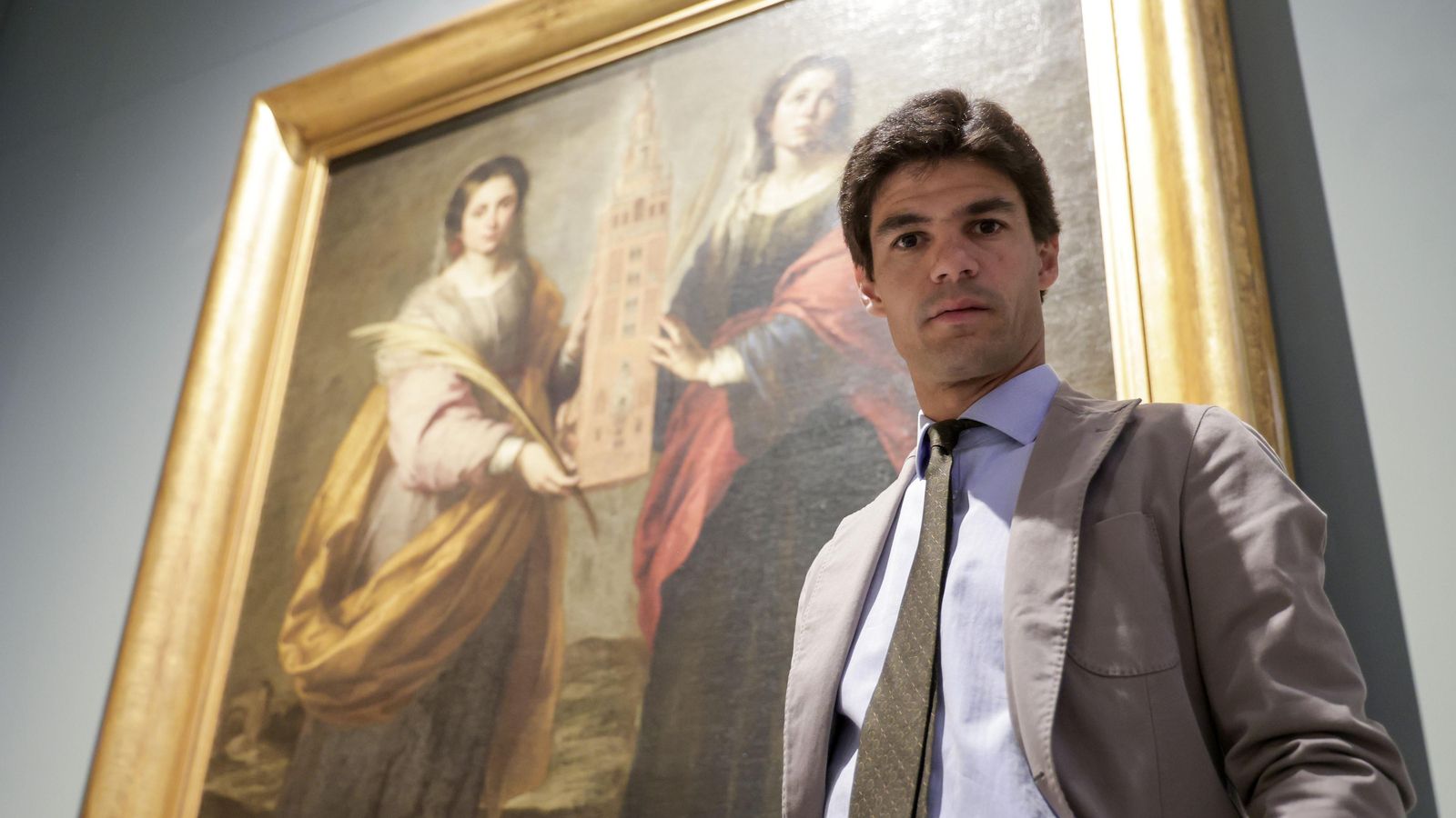 Las santas Justa y Rufina, sostienen La Giralda entre las manos con Aguado como testigo.