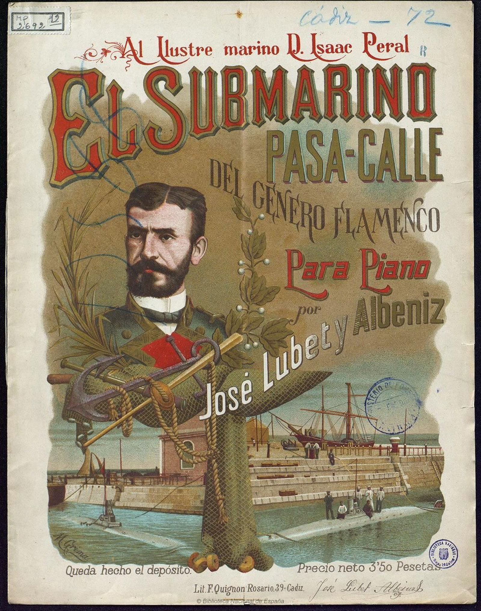 Un cartel de época que alude al submarino de Peral.. Un cartel de época que alude al submarino de Peral..