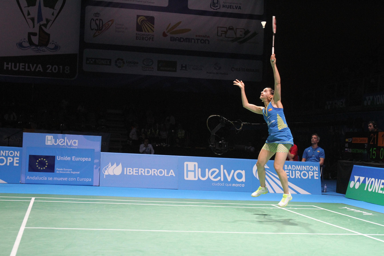 Partido y victoria de Carolina Marín en el Europeo de Bádminton celebrado en Huelva