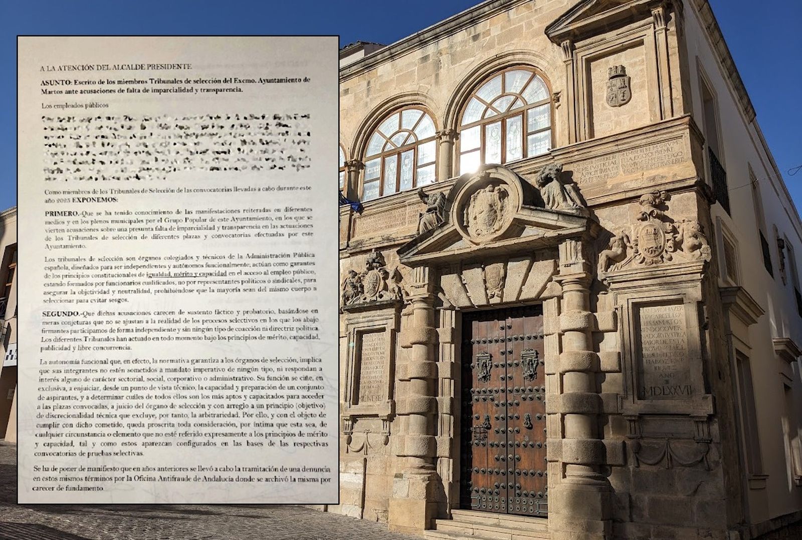 Escrito de los funcionarios del Ayuntamiento de Martos.