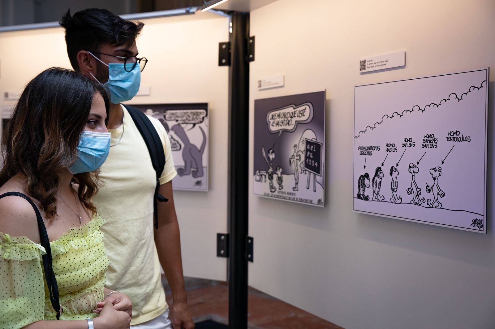 El contenido de la exposición refleja la particular interpretación del dibujante sobre cuestiones universales tales como la evolución humana, teorías como el Principio de Arquímedes e incluso los avances tecnológicos a través de un Cervantes tuitero.