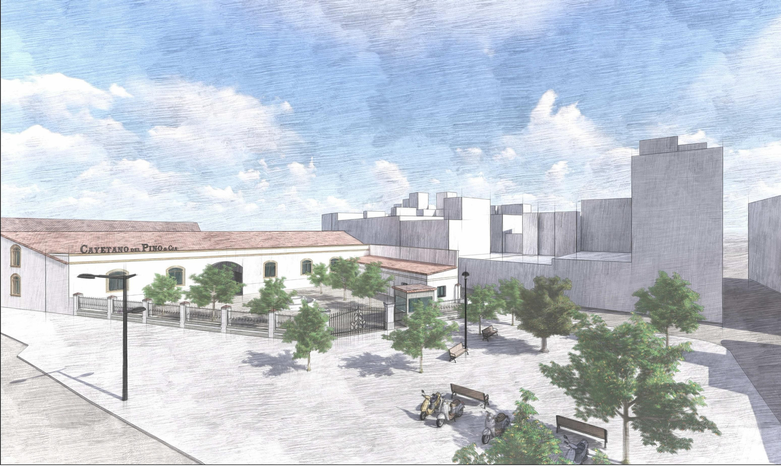 Boceto del proyecto de la entrada a la Bodega Cayetano del Pino por la Plaza del Carbón.