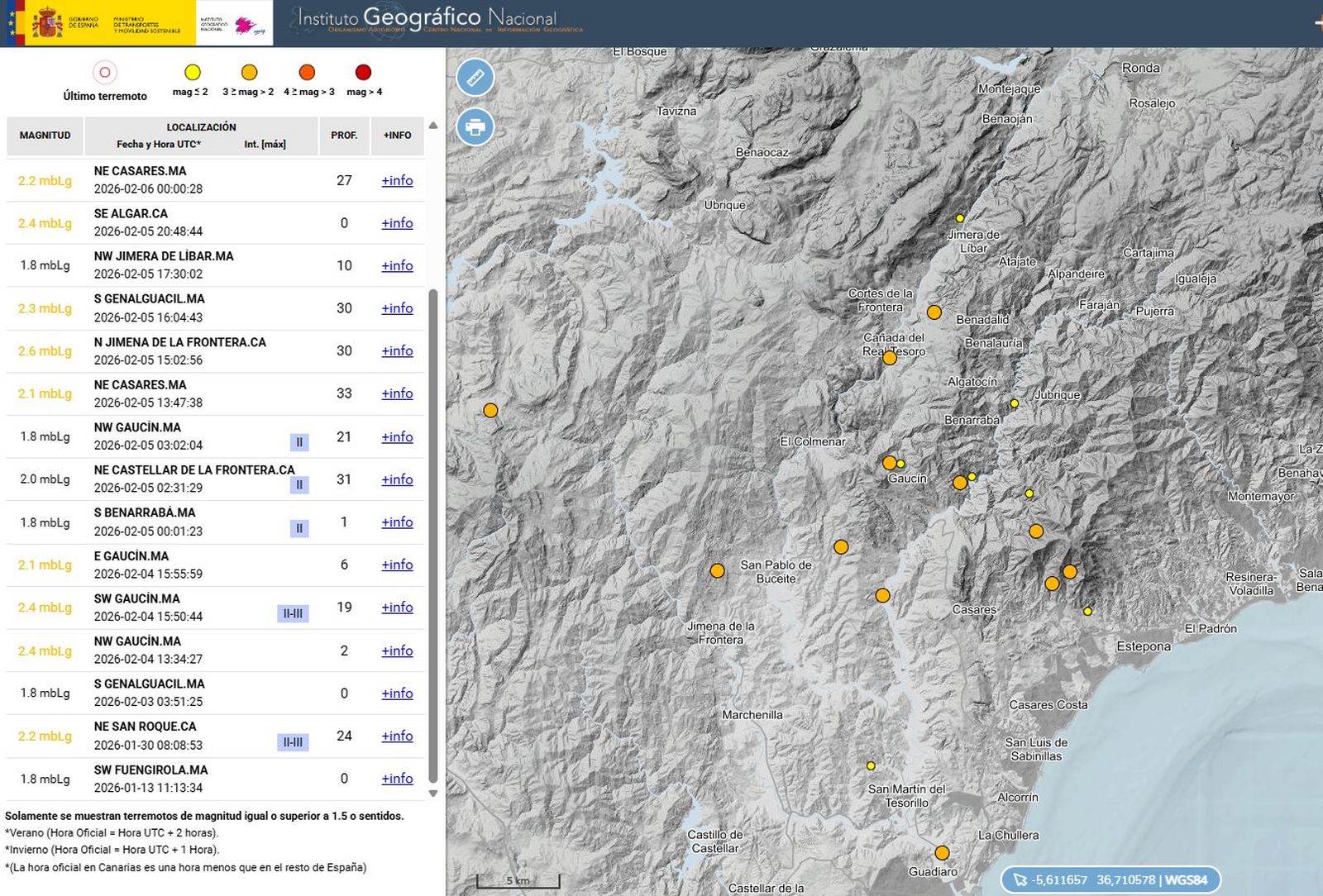 Mapa con los seismos recogidos en la súltimas jornadas entre Cádiz y Málaga