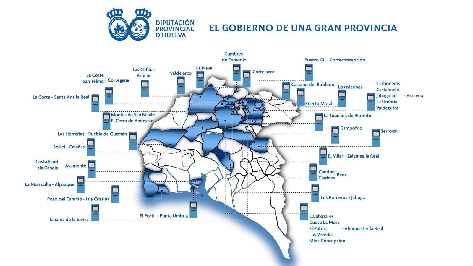 Mapa de los cajeros autonómicos que llegarán en los próximos meses a la provincia de Huelva.
