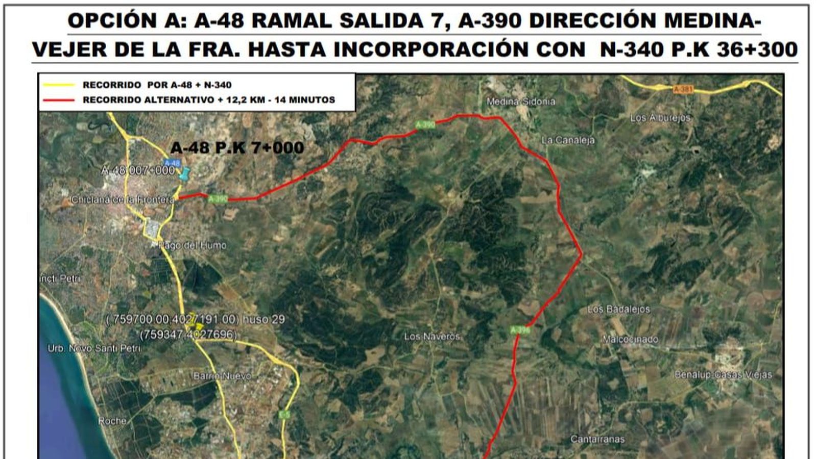 Opcion A: A-48, salida 7 → A-390 dirección Medina Sidonia – Vejer de la Frontera