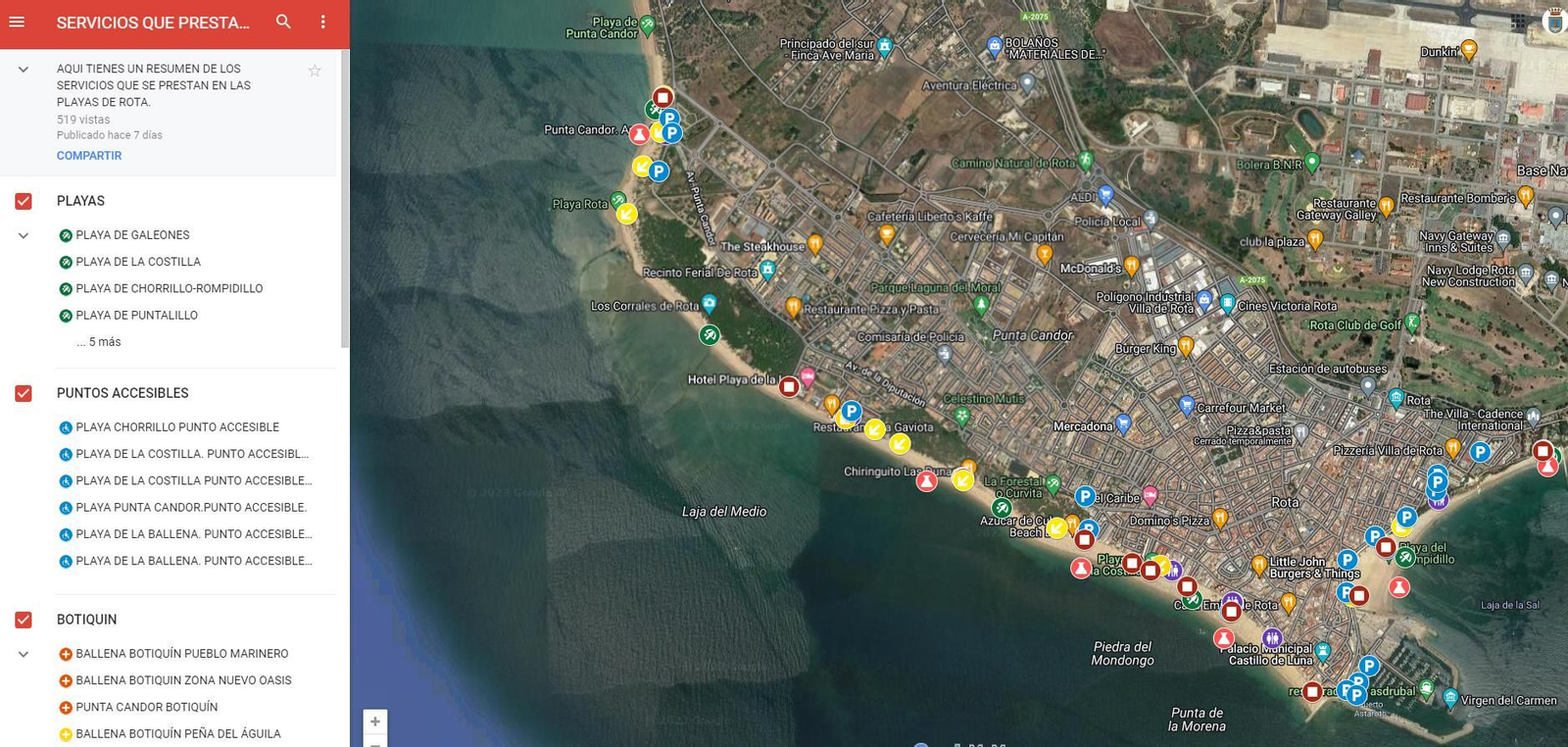 Imagen del nuevo mapa digital sobre los servicios de las playas de Rota.