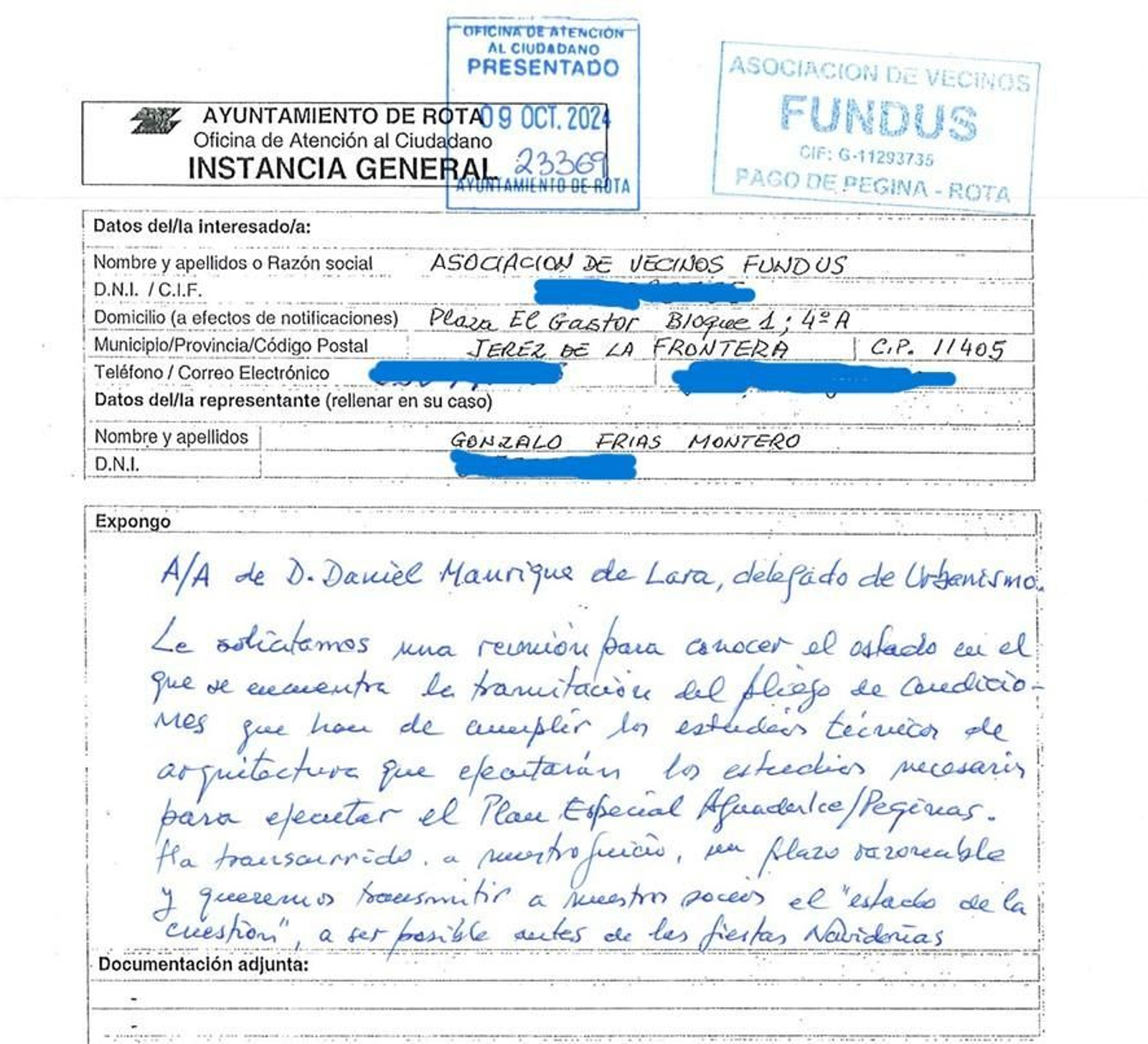 Extracto de la carta remitida por Fundus al delegado de Urbanismo, Daniel Manrique, con el objetivo de tener una reunión. Extracto de la carta remitida por Fundus al delegado de Urbanismo, Daniel Manrique, con el objetivo de tener una reunión.